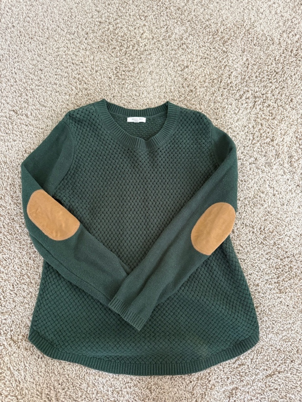 Forest Green Knit Sweater with Tan Elbow Patches